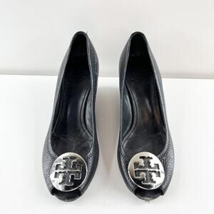 Tory Burch Sally Peep Toe Leather Wedge Pumps Shoes Black 6.5